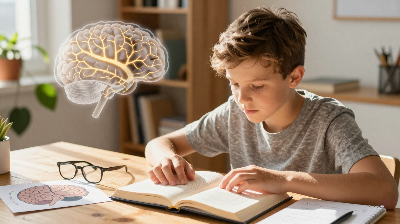 Junge liest Buch am Tisch, daneben Brille und Gehirnzeichnung, mit digitaler Gehirnprojektion in Raum.
