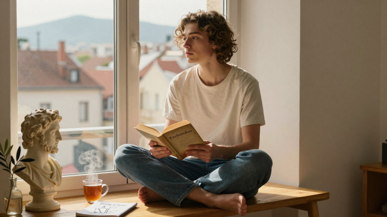 Junger Mann sitzt entspannt am Fenster, liest Buch und blickt nachdenklich nach draußen.