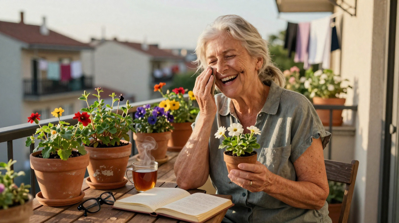 Ältere Frau lacht auf Balkon mit Blumentöpfen, Buch, Tee und Brille an sonnigem Tag.