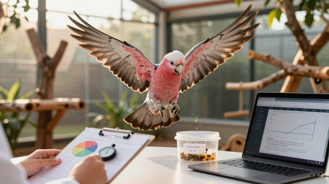Ein rosa Kakadu fliegt über einen Tisch mit Laptop, einer Clipmappe und einem Futterbehälter.