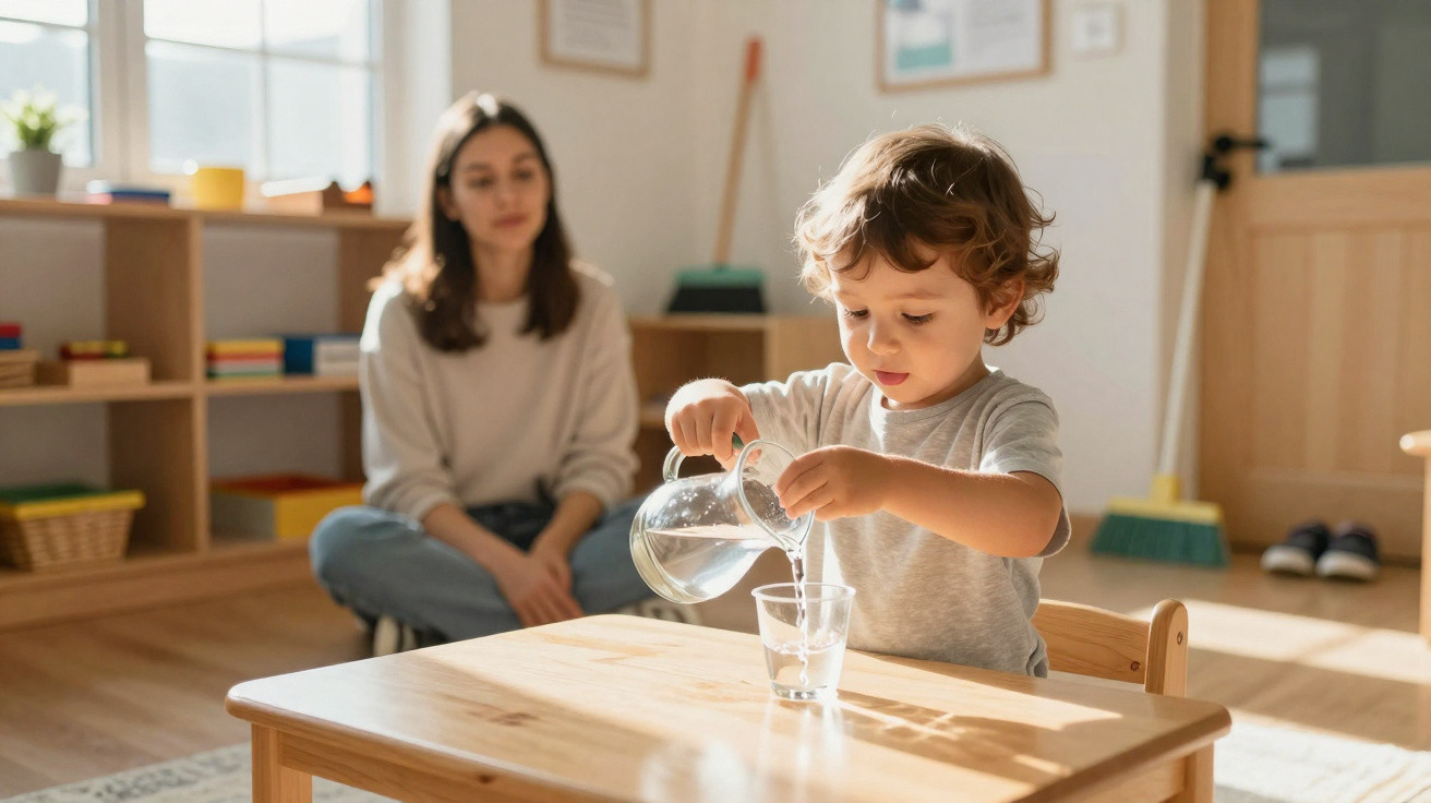 Kleiner Junge gießt Wasser in ein Glas, während Frau im Hintergrund auf dem Boden sitzt.