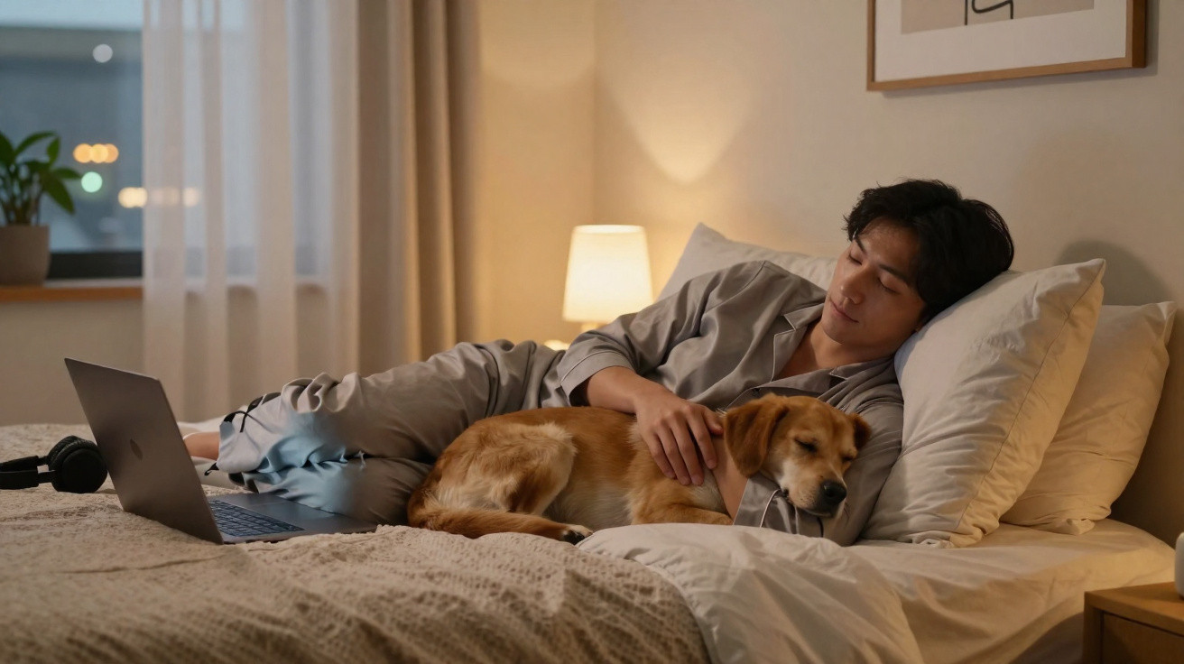 Junger Mann liegt im Bett und streichelt schlafenden Hund, Laptop und Lampe im Hintergrund.