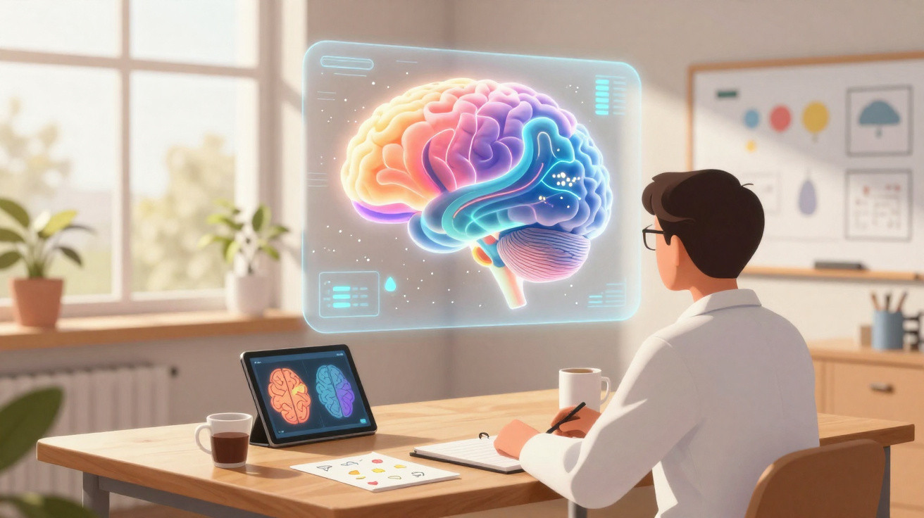 Wissenschaftler mit Brille studiert am Schreibtisch einen leuchtenden, holographischen Gehirnscan.