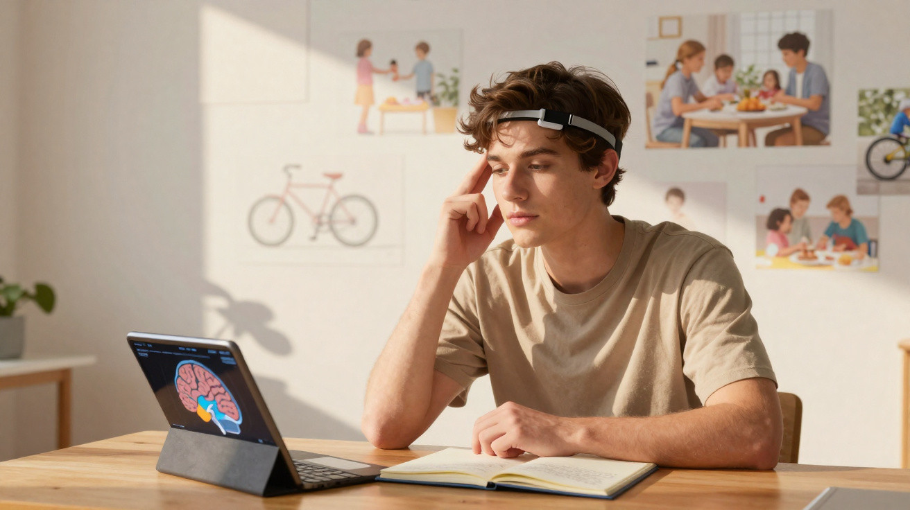 Junger Mann trägt Gehirn-Sensor und lernt konzentriert mit Tablet und Notizbuch an Holztisch.