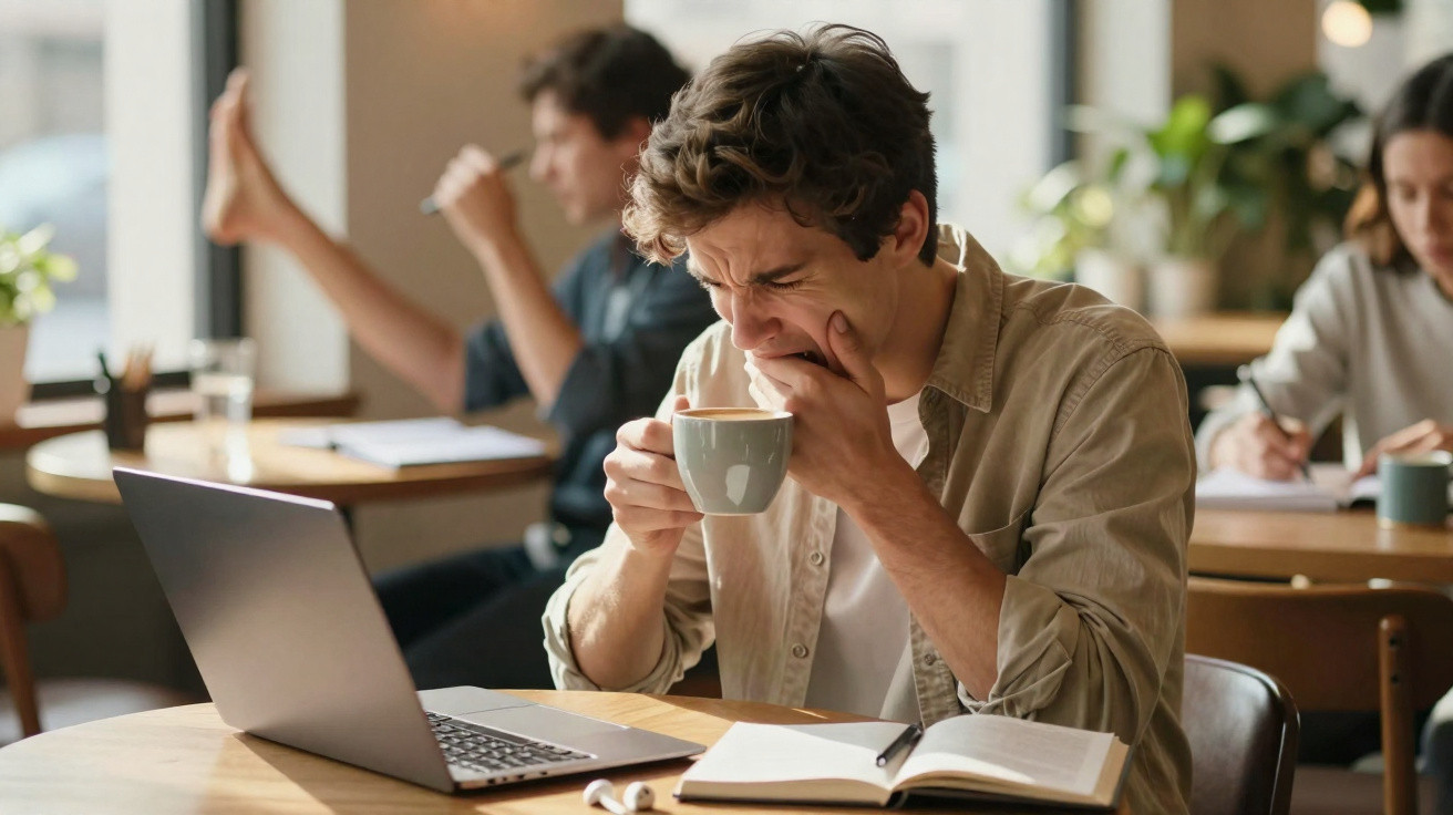 Junger Mann gähnt beim Kaffeetrinken vor Laptop in Café, im Hintergrund arbeiten weitere Personen konzentriert.