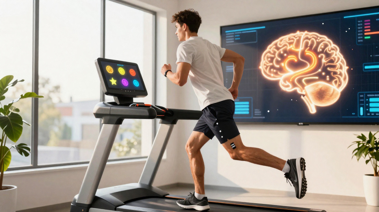 Mann trainiert auf Laufband in hellem Raum mit digitaler Gehirnanalyse auf Bildschirm im Hintergrund.
