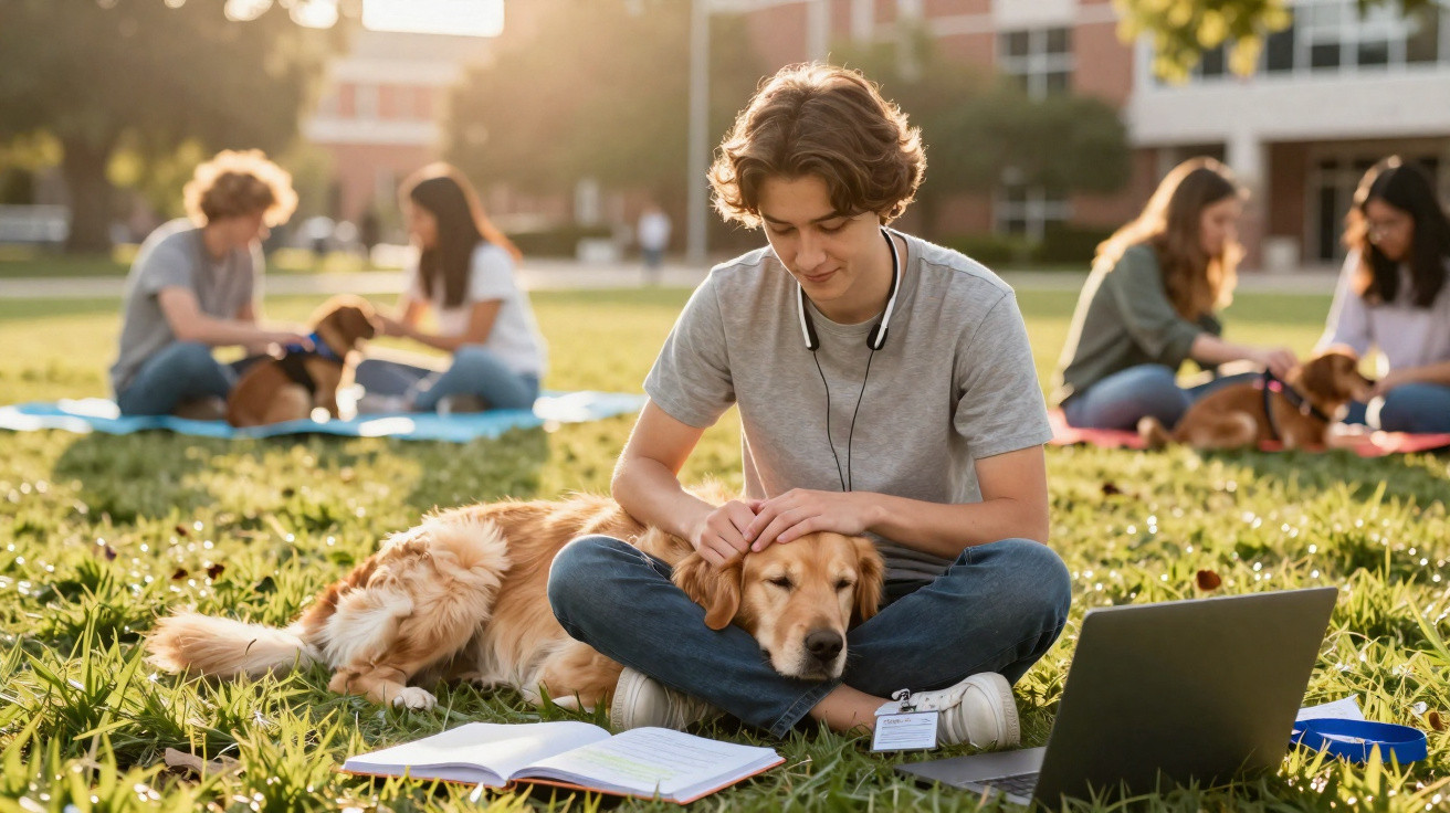 Jugendlicher streichelt entspannt Golden Retriever auf Gras mit aufgehender Sonne und Lernmaterialien.