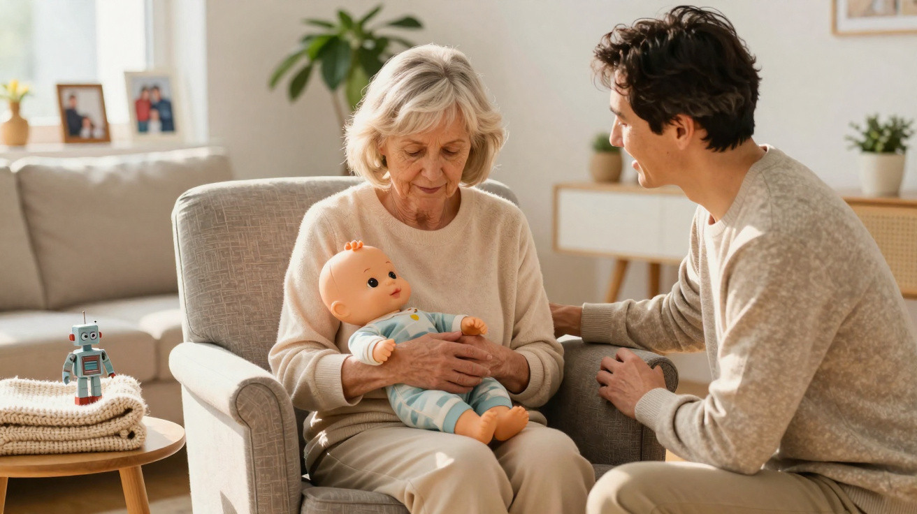 Ältere Frau hält eine Babypuppe, während ein junger Mann sie dabei unterstützt, in einem hellen Wohnzimmer.