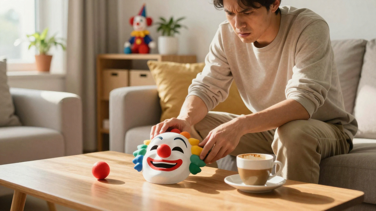 Mann sitzt auf Sofa und hält grimmig eine Clownmaske auf einem Holztisch mit Kaffee und roter Nase.