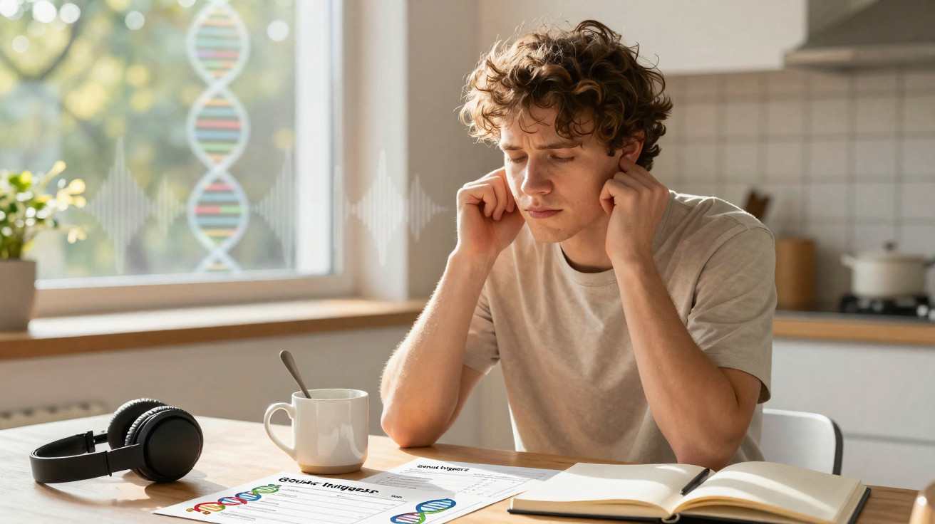 Junger Mann hält sich die Ohren, umgeben von DNA-Diagrammen, Kopfhörern und Notizbuch am Küchentisch.