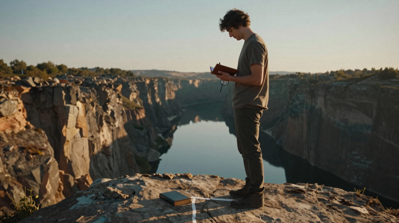 Junger Mann liest Buch stehend auf Felsen mit Blick auf ruhigen Fluss im Tal bei Sonnenlicht.