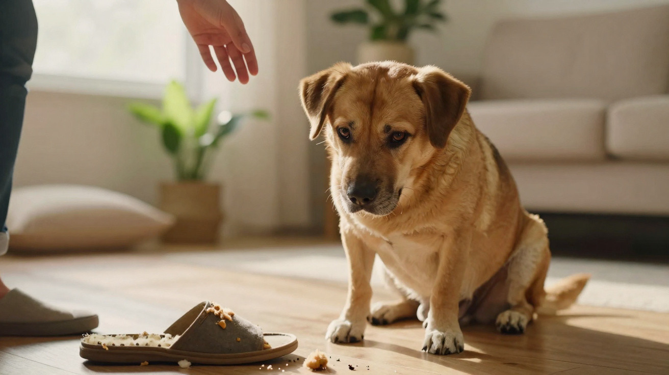 Brauner Hund sitzt vor zerrissener Hausschuh auf Holzboden, neben menschlicher Hand im Wohnzimmer.