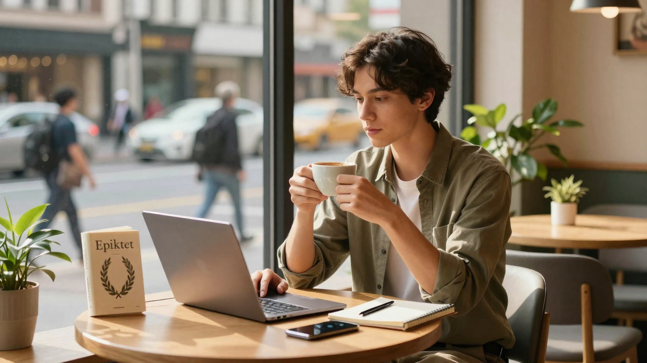Junger Mann trinkt Kaffee und arbeitet am Laptop in hellem Café mit Blick auf belebte Straße.