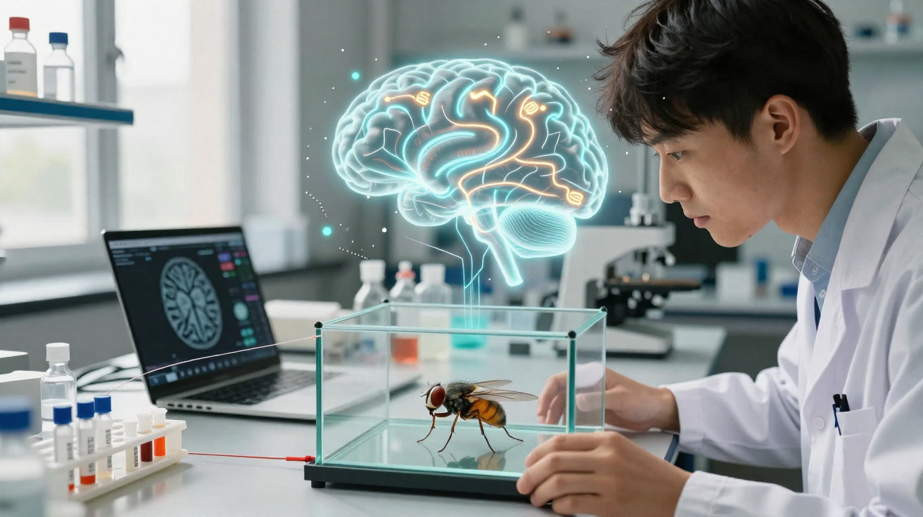 Wissenschaftler untersucht Fliege in Glasbehälter mit digitaler Gehirnprojektion im Labor.