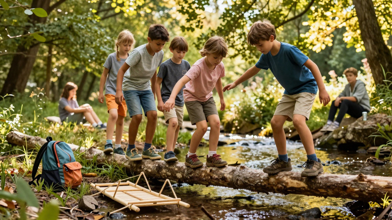 Fünf Kinder balancieren auf einem Baumstamm über einem Bach im Wald, andere sitzen im Hintergrund.