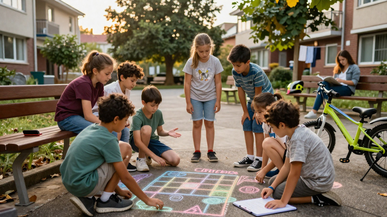 Eine Gruppe Kinder spielt mit bunter Kreide ein Spiel auf dem Gehweg in einer Wohnsiedlung.