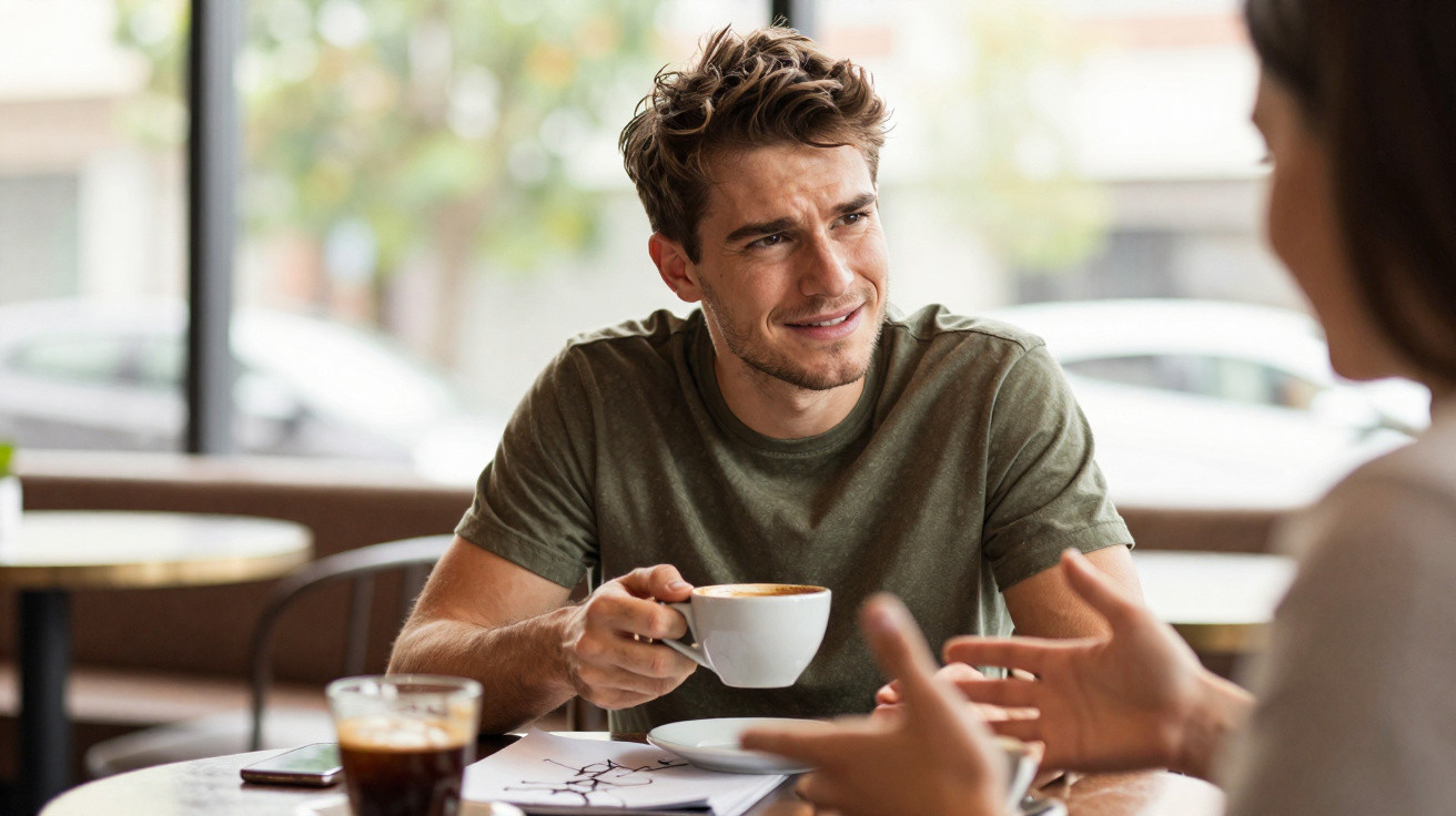 Junger Mann hält eine Kaffeetasse und hört einer Gesprächspartnerin in einem Café aufmerksam zu.